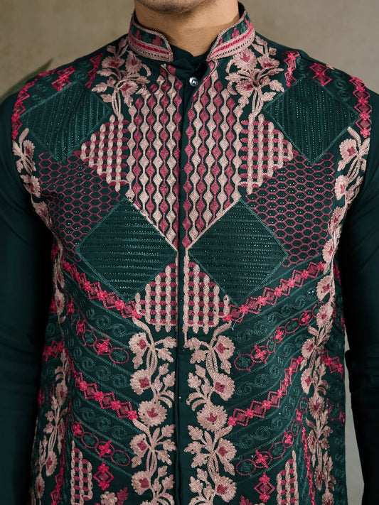 Green Silk Thread & Swarovski Embroidered Work Kurta Set With Koti (Jacket)