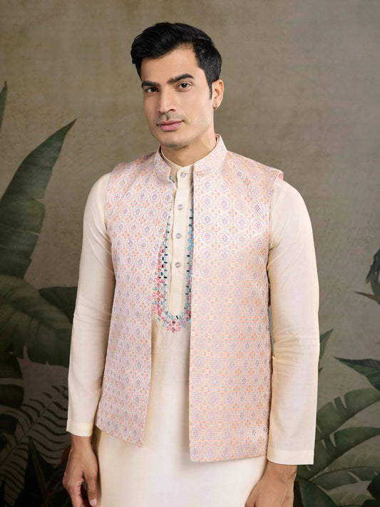 Oyster Pink Real Mirror Thread Work Kurta Set With Jacquard Design Work Jacket