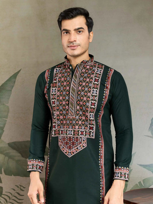 Dark Green Festive Wear Kurta Set With Multi Thread Sequins Embroidery Work