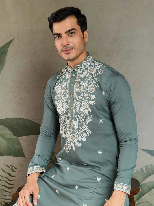 Pastel Pista Thread & Sequins Embroidery Work Rayon Kurta With Pant