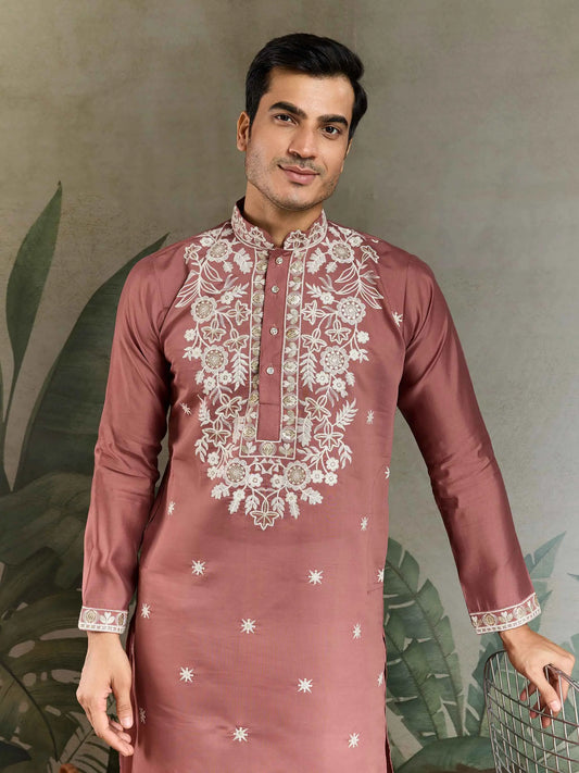 Pinkish Brown Thread & Sequins Embroidery Work Rayon Kurta With Pant