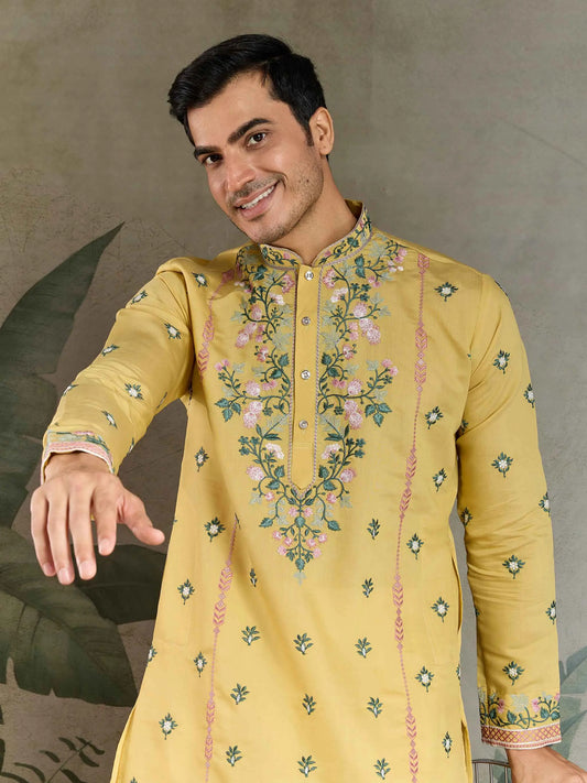 Cool Yellow Viscose Silk Thread And Sequins Embroidery Work Kurta With Pant