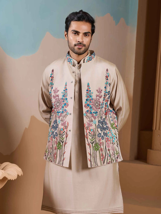 Beige Kurta Set With Embroidery Sequins Jacket
