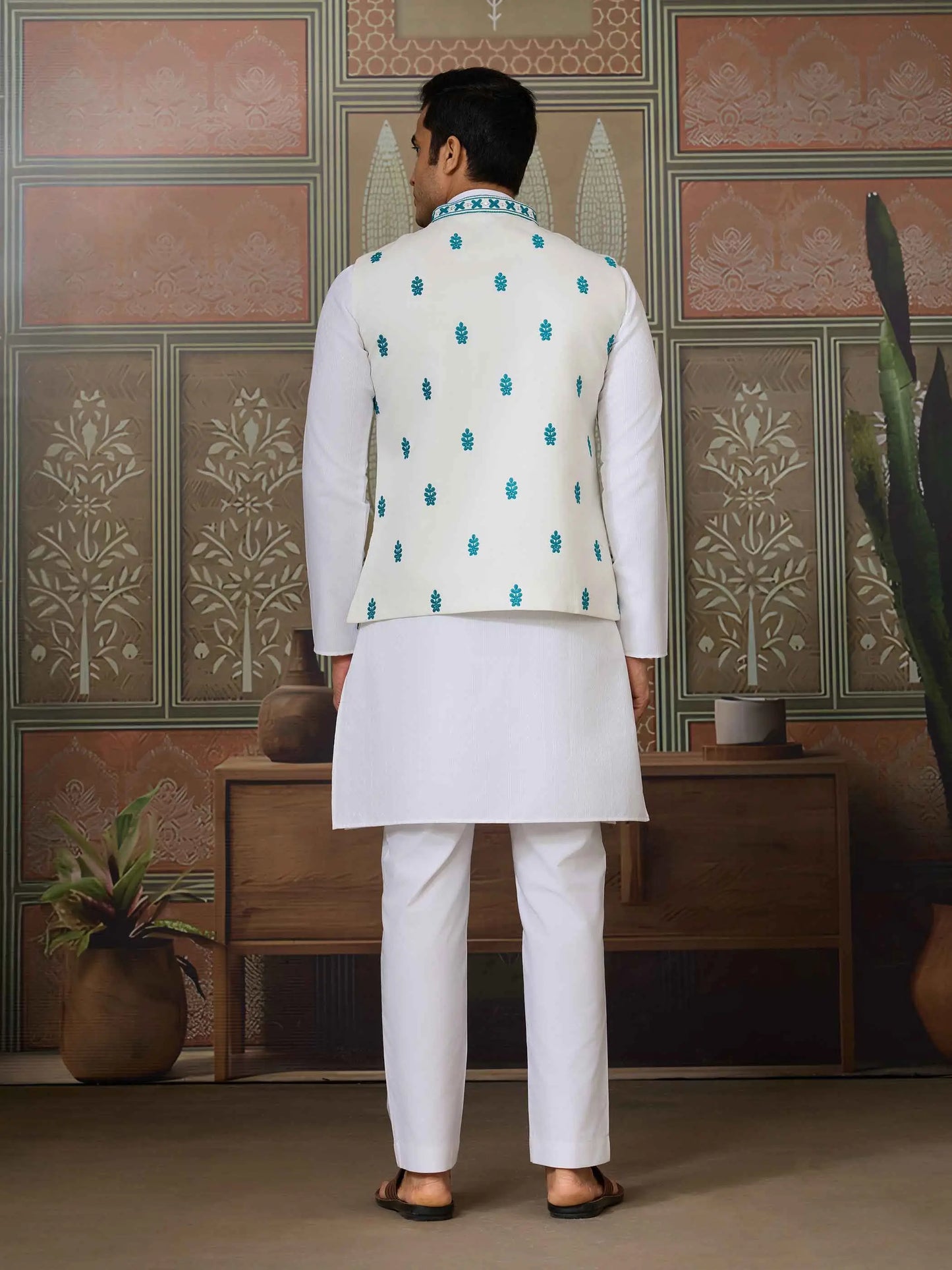 Teal Blue Silk Kurta Set With Embroidery & Mirror Koti