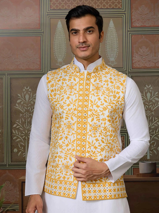 Yellow Silk Kurta Set With Embroidery & Mirror Work Koti