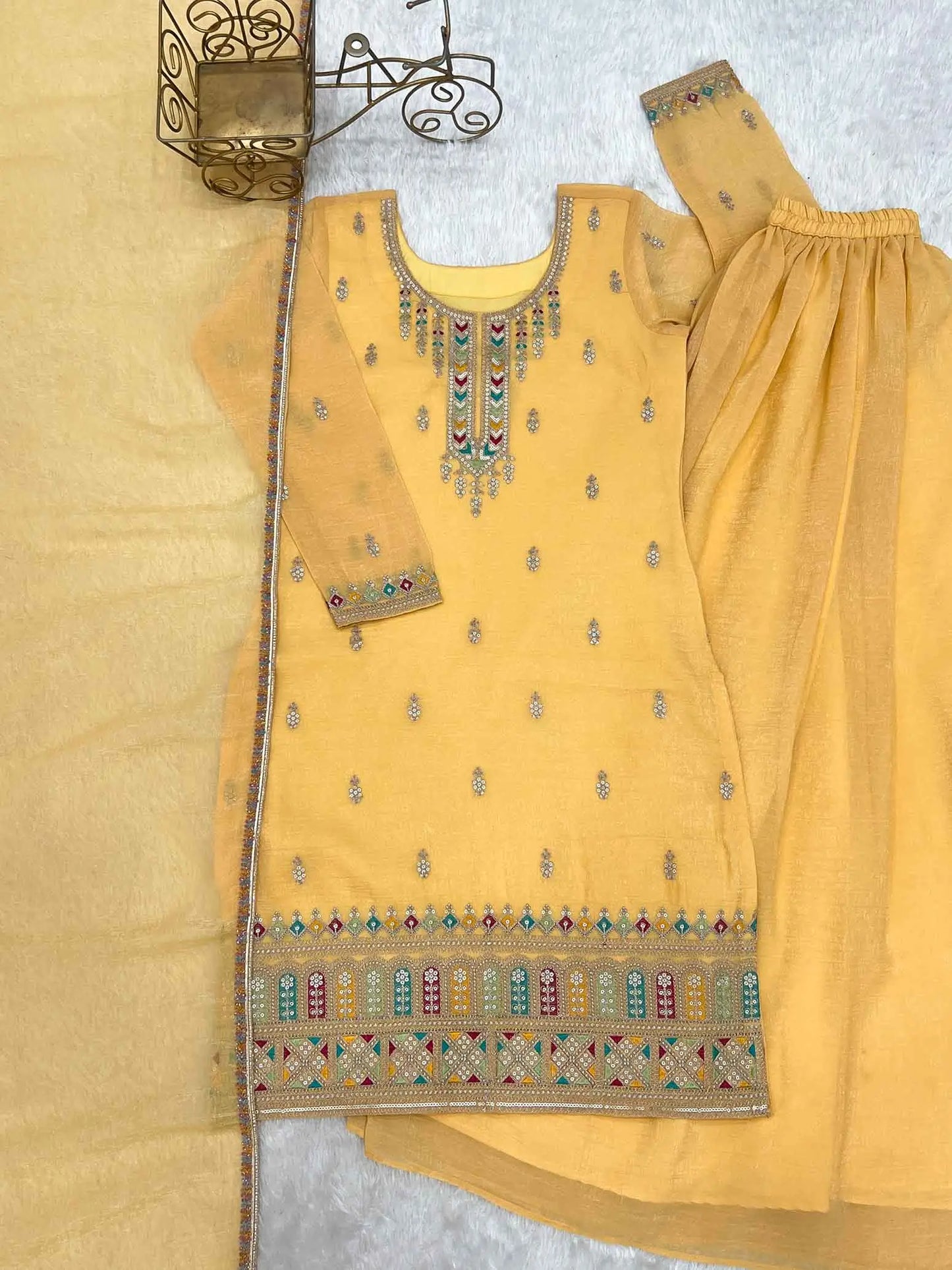 Yellow Sharara Set With Embroidery Work