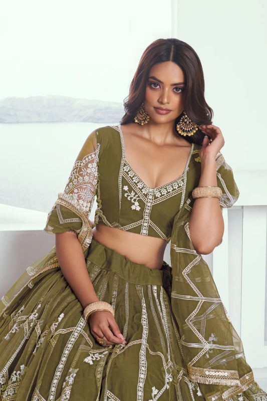 Olive Green Net Lehenga Choli With Sequence & Cotton Thread Work Embroidery Work