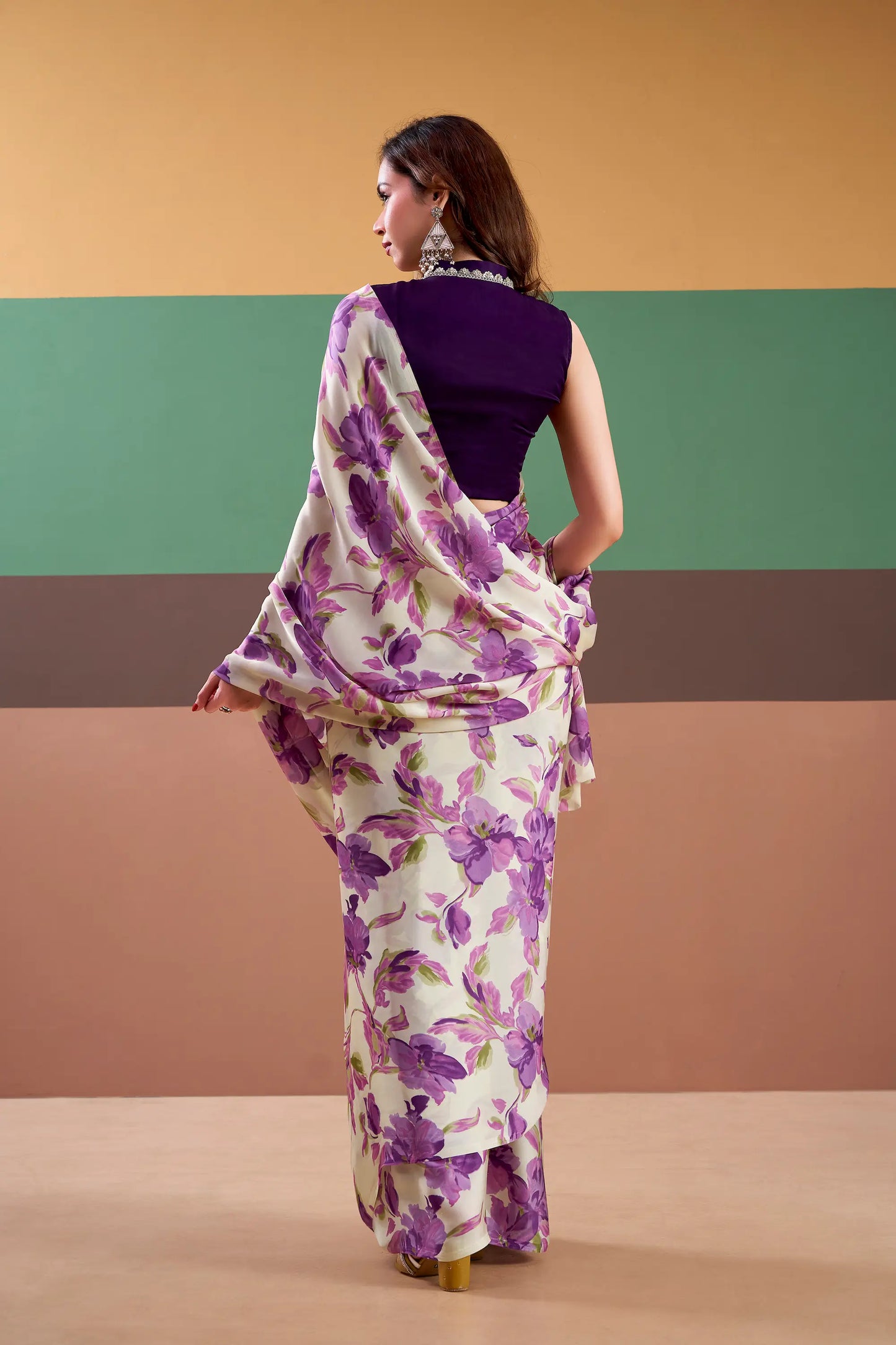 Purple Satin Silk Floral Printed Saree