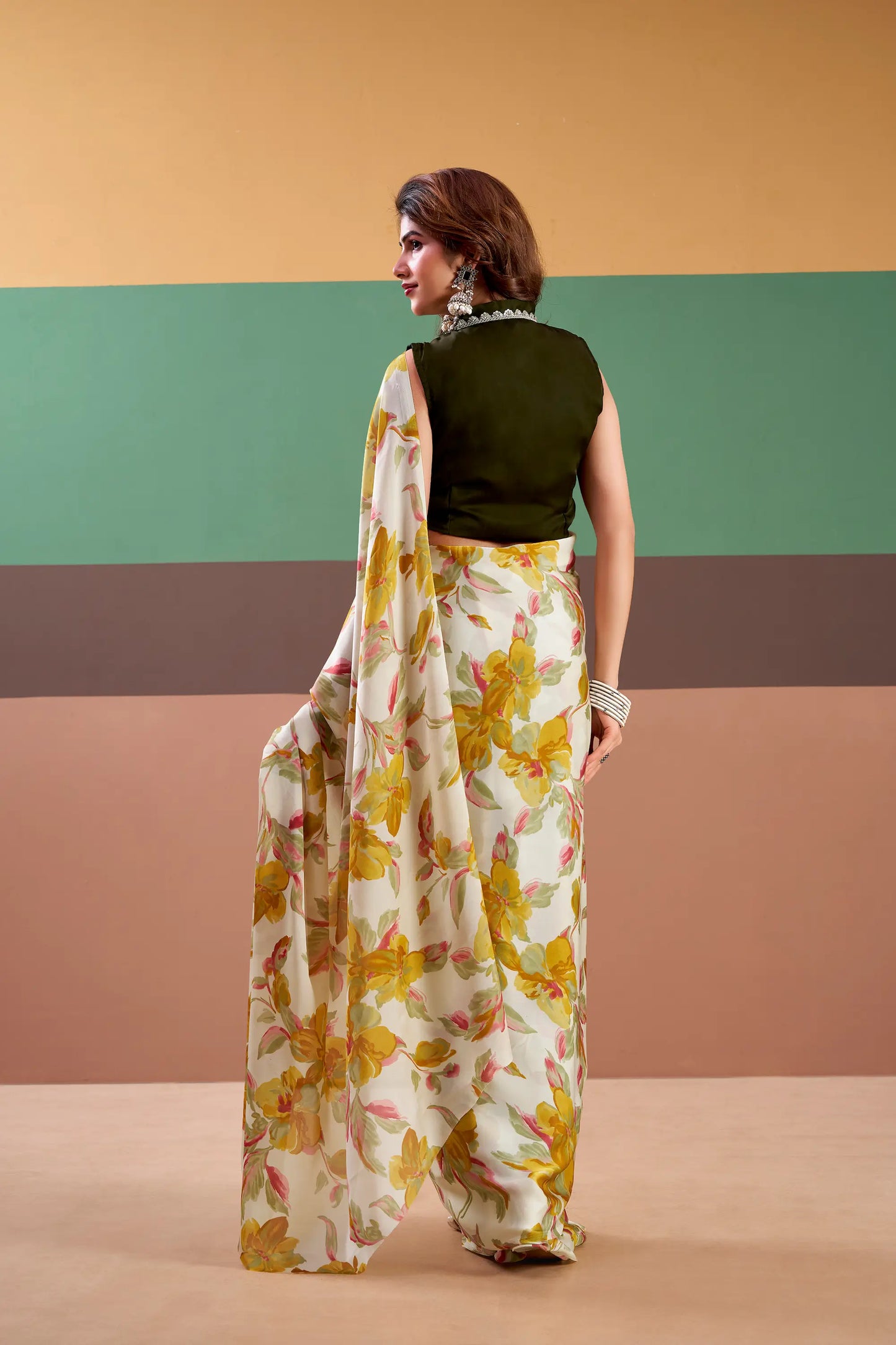 Yellow Satin Silk Floral Printed Saree