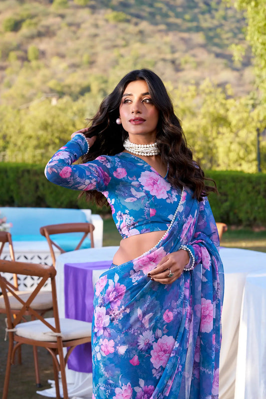 Blue Weightless Marbal Saree With Floral Print & Pearl Lace Border