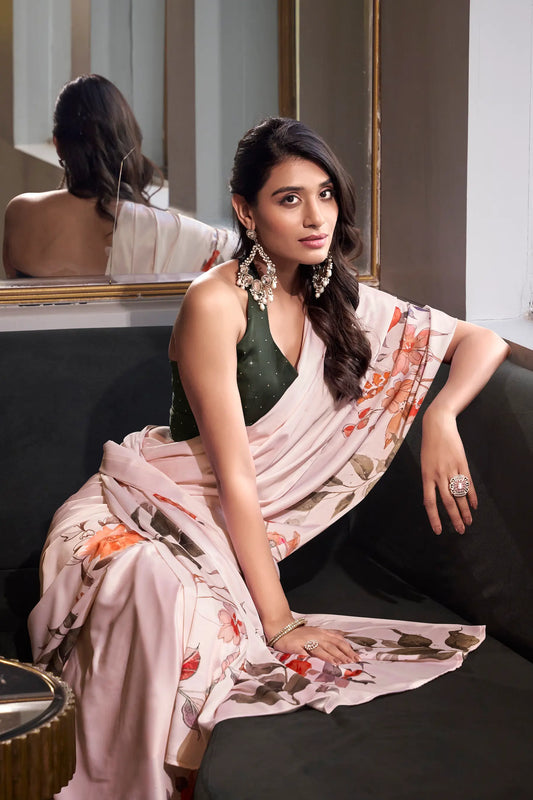 Off White Satin Silk Floral Printed Saree