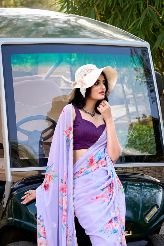 Lavender Weightless Marbal Saree With Floral Print & Lace Border