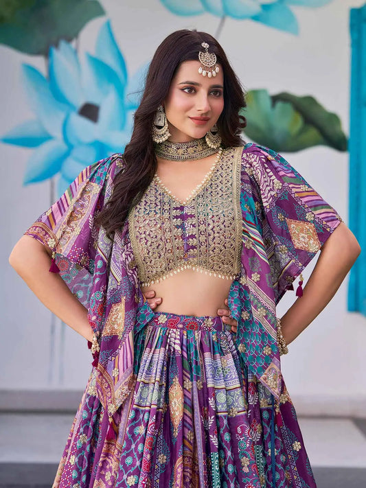 Purple Digital Print And Embroidery Work Lehenga With Choker Style Dupatta