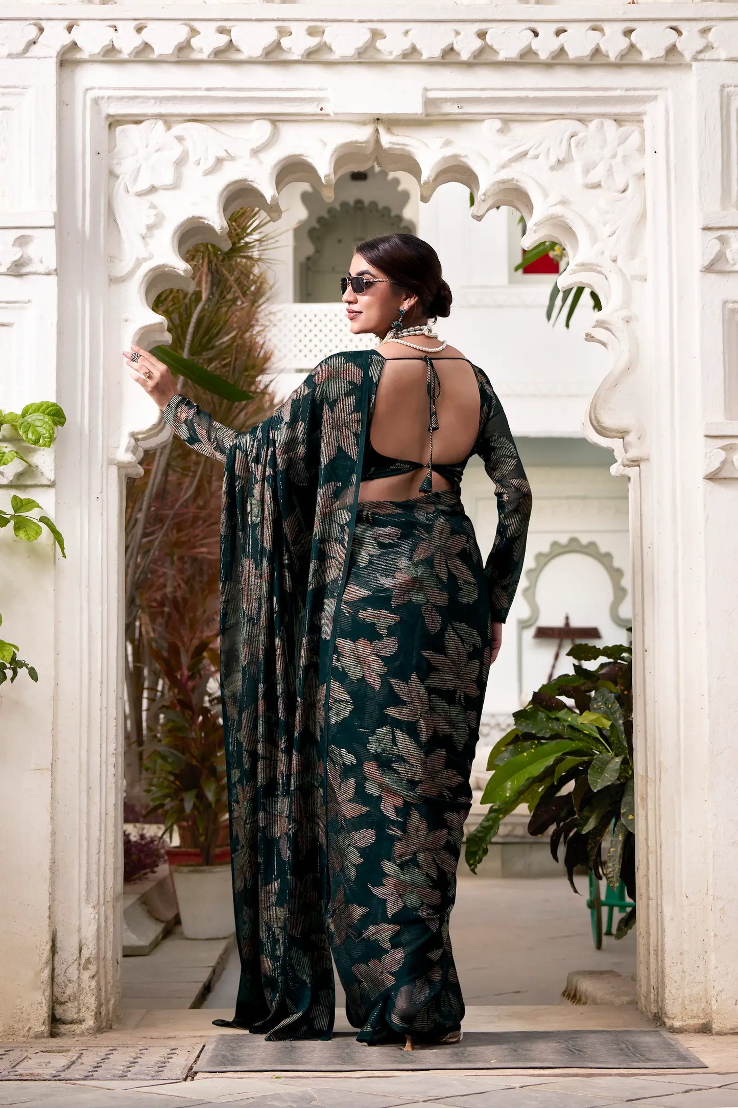 Bottle Green Floral Lurex Brasso Saree