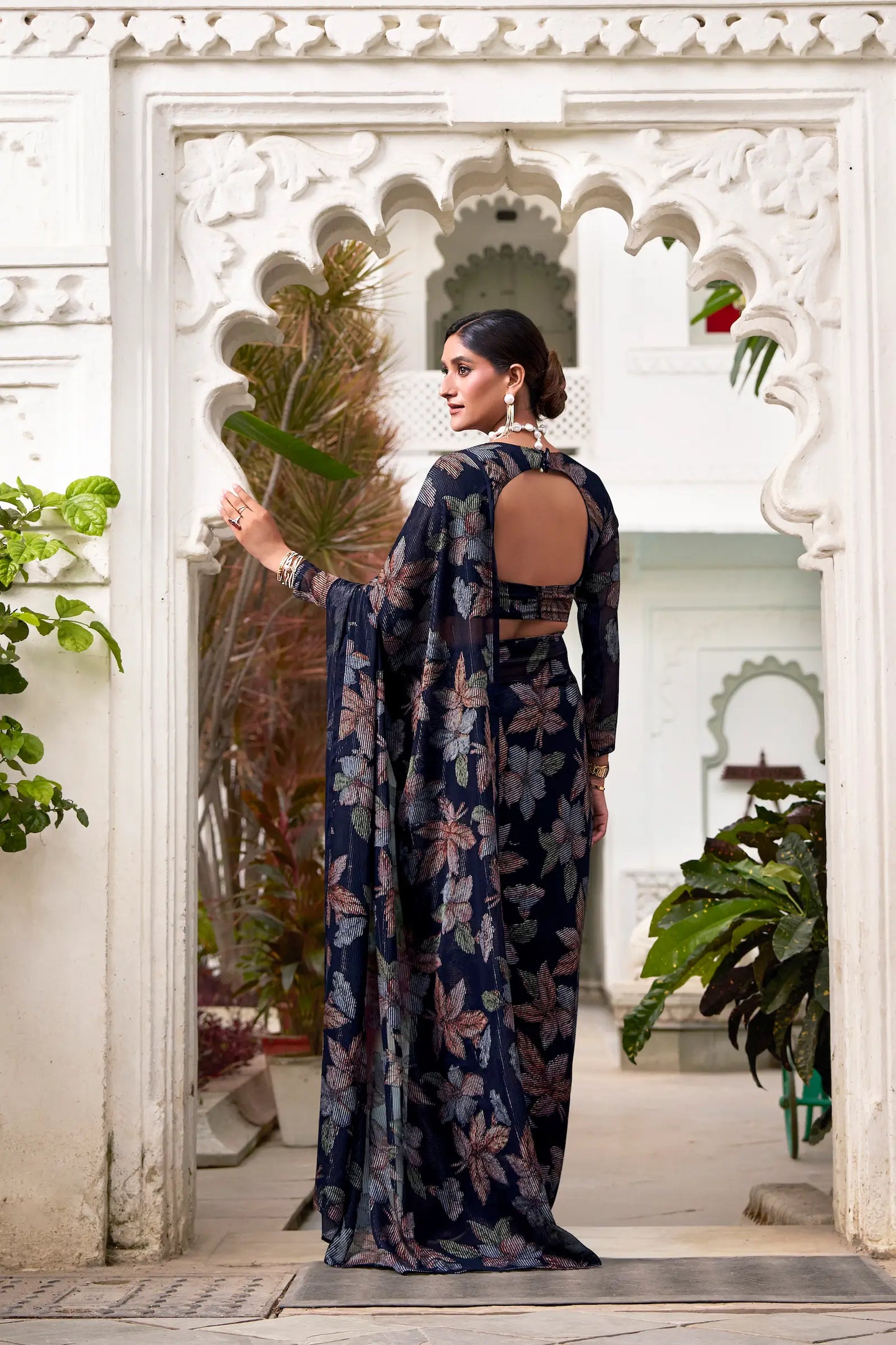 Navy Blue Floral Lurex Brasso Saree