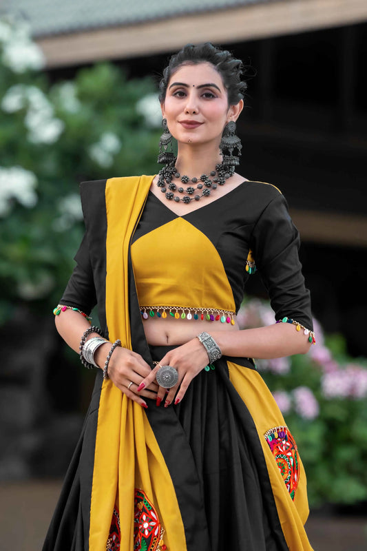 Yellow And Black Gamthi Work Chaniya Choli For Navratri