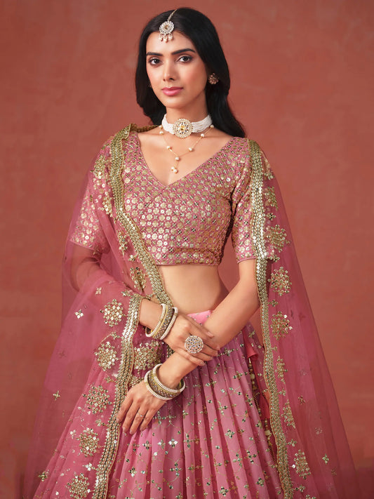 Peach To Pink Gradient Georgette Lehenga With Zari Sequins Embroidery Work