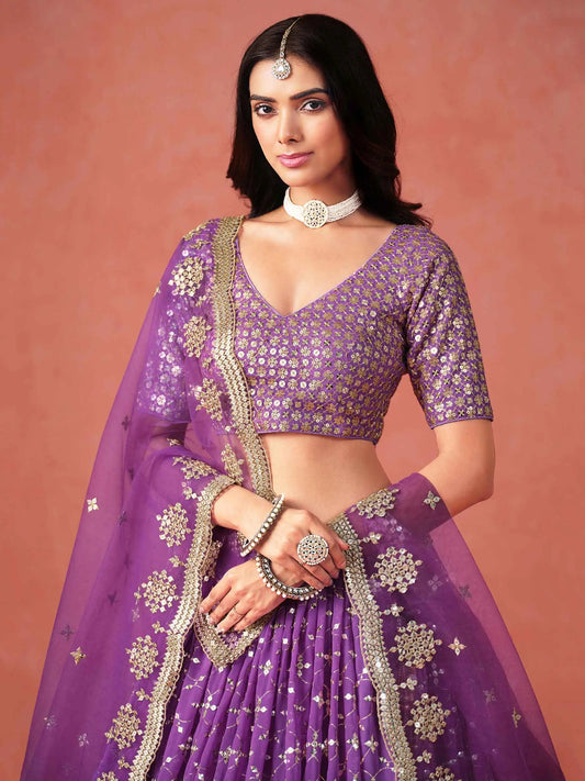 Purple Georgette Lehenga With Zari Multiple Sequins Embroidery Work