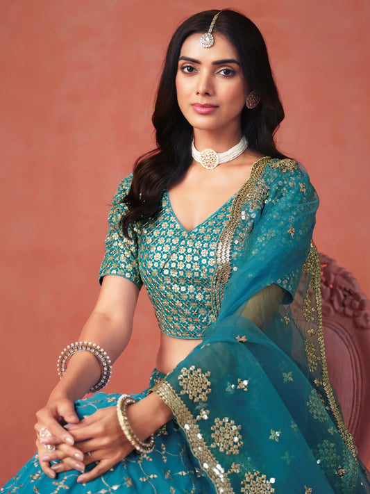 Rama Blue Georgette Lehenga With Zari Multiple Sequins Embroidery Work