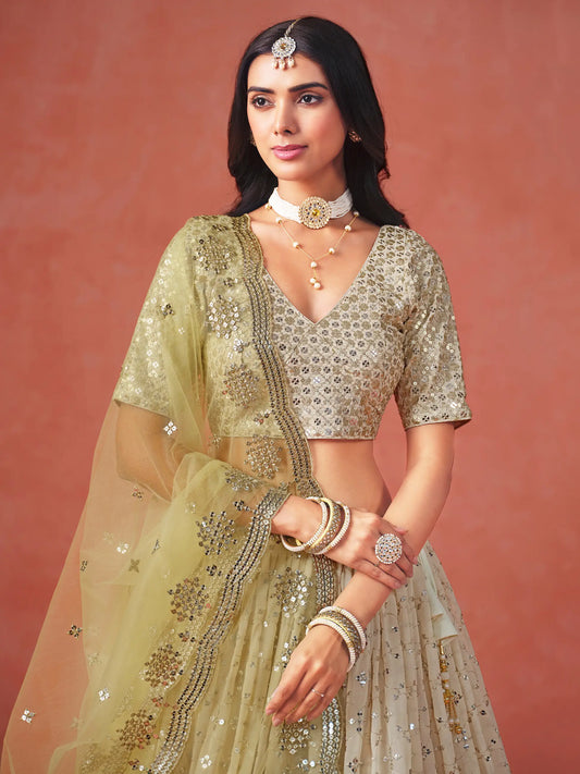 Yellow To Beige Gradient Georgette Lehenga With Zari Sequins Embroidery Work