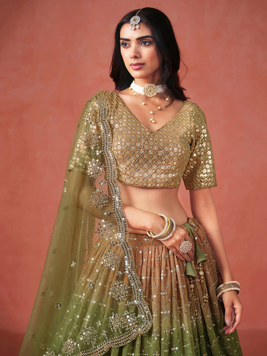 Mehndi Green Gradient Georgette Lehenga With Zari Sequins Embroidery Work
