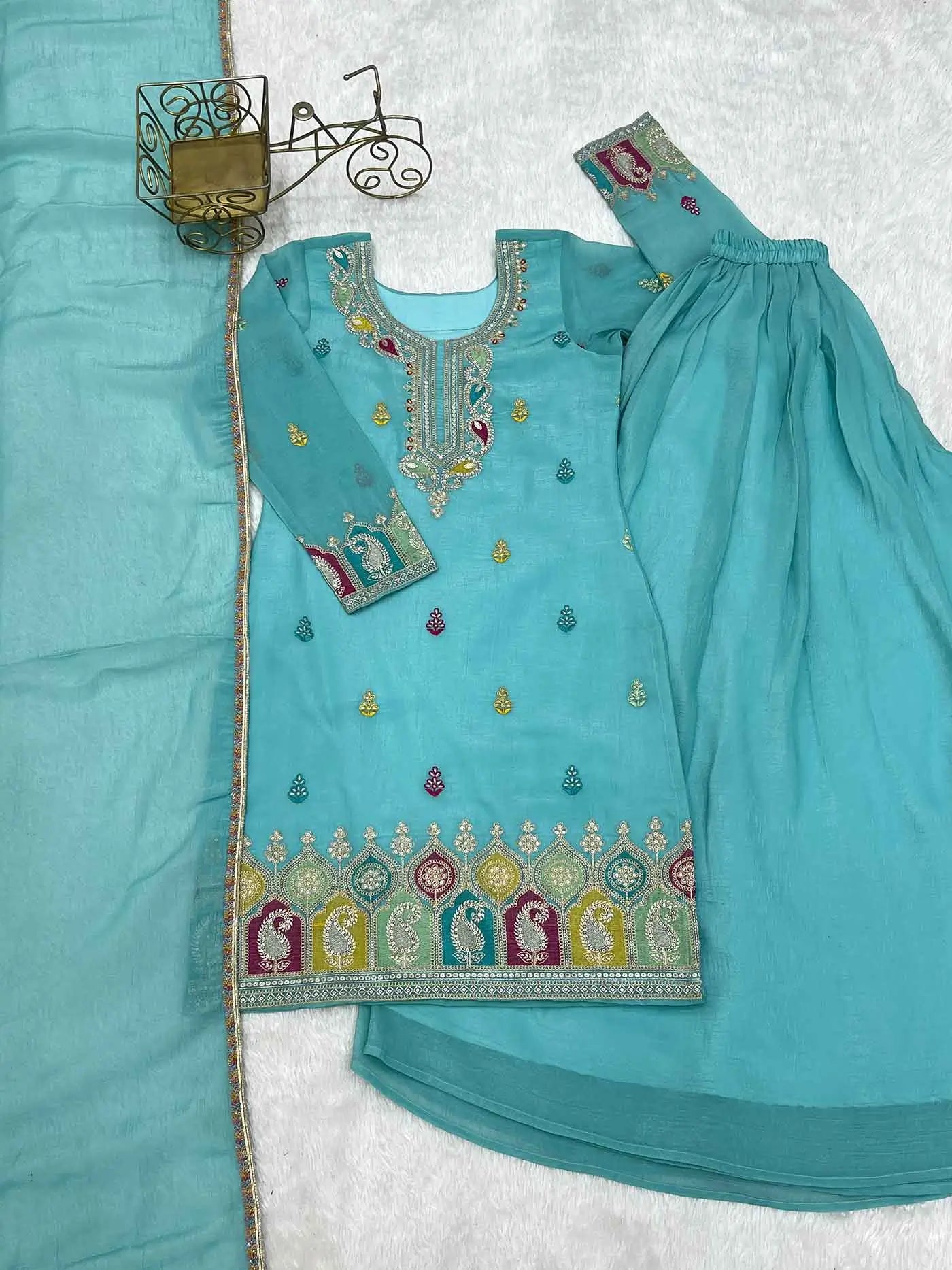 Sky Blue Sharara Set With Embroidery Work