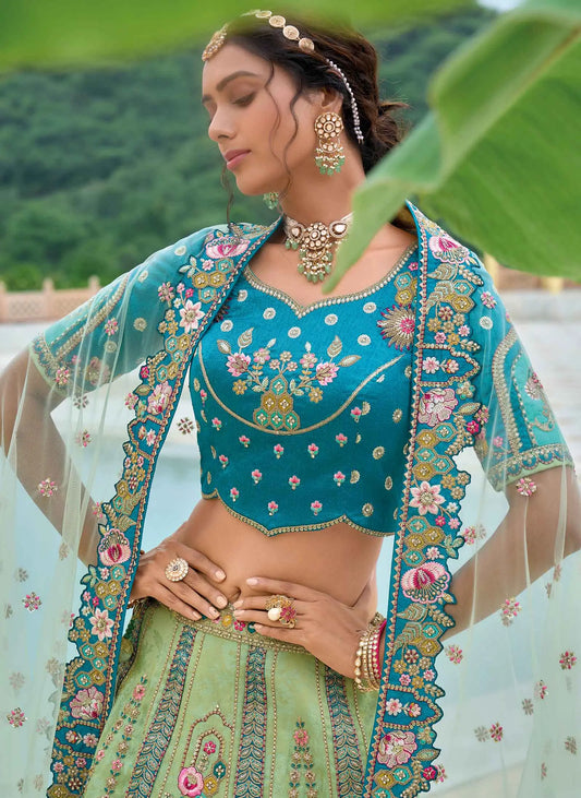 Olivine Green Bridal Lehenga With Heavy Embroidery & Cutwork