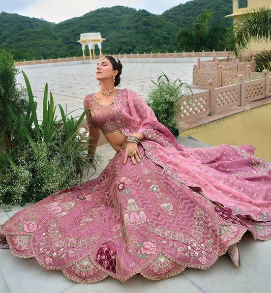 Dusky Rose Bridal Lehenga With Heavy Embroidery & Cutwork
