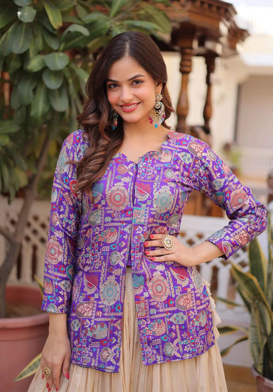 Purple Jacquard Lehenga With Long Blouse