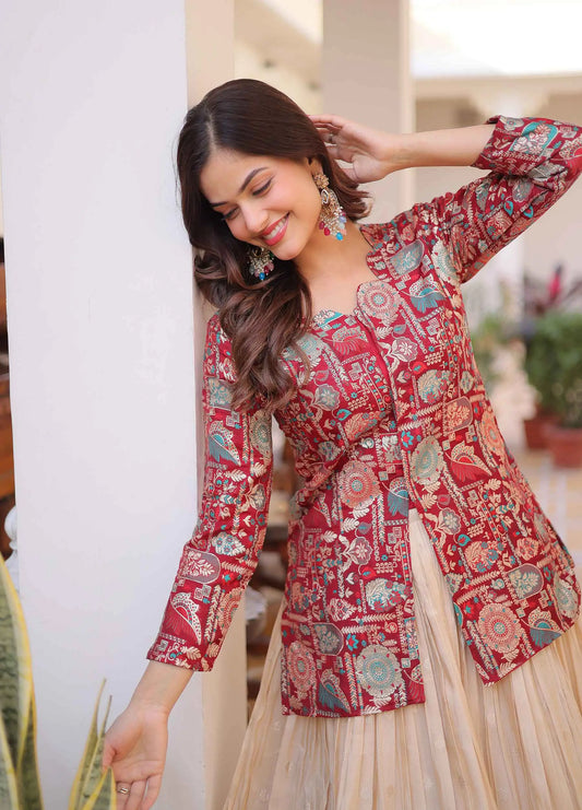 Maroon Jacquard Lehenga With Long Blouse