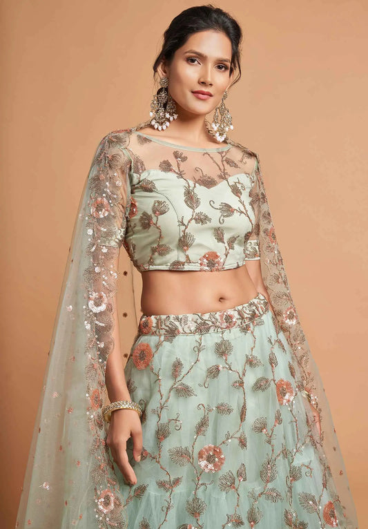 Spanish Green Soft Net Lehenga With Zari Badla Dori And Thread Embroidery Work