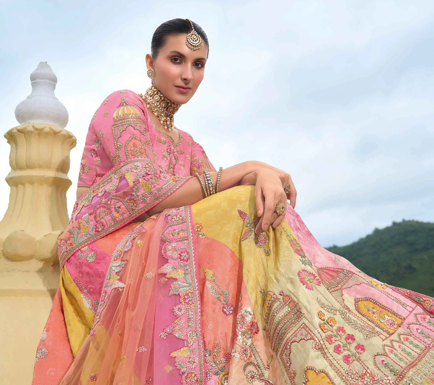 Multi-Pastel Bridal Lehenga With Heavy Khatli & Embroidery