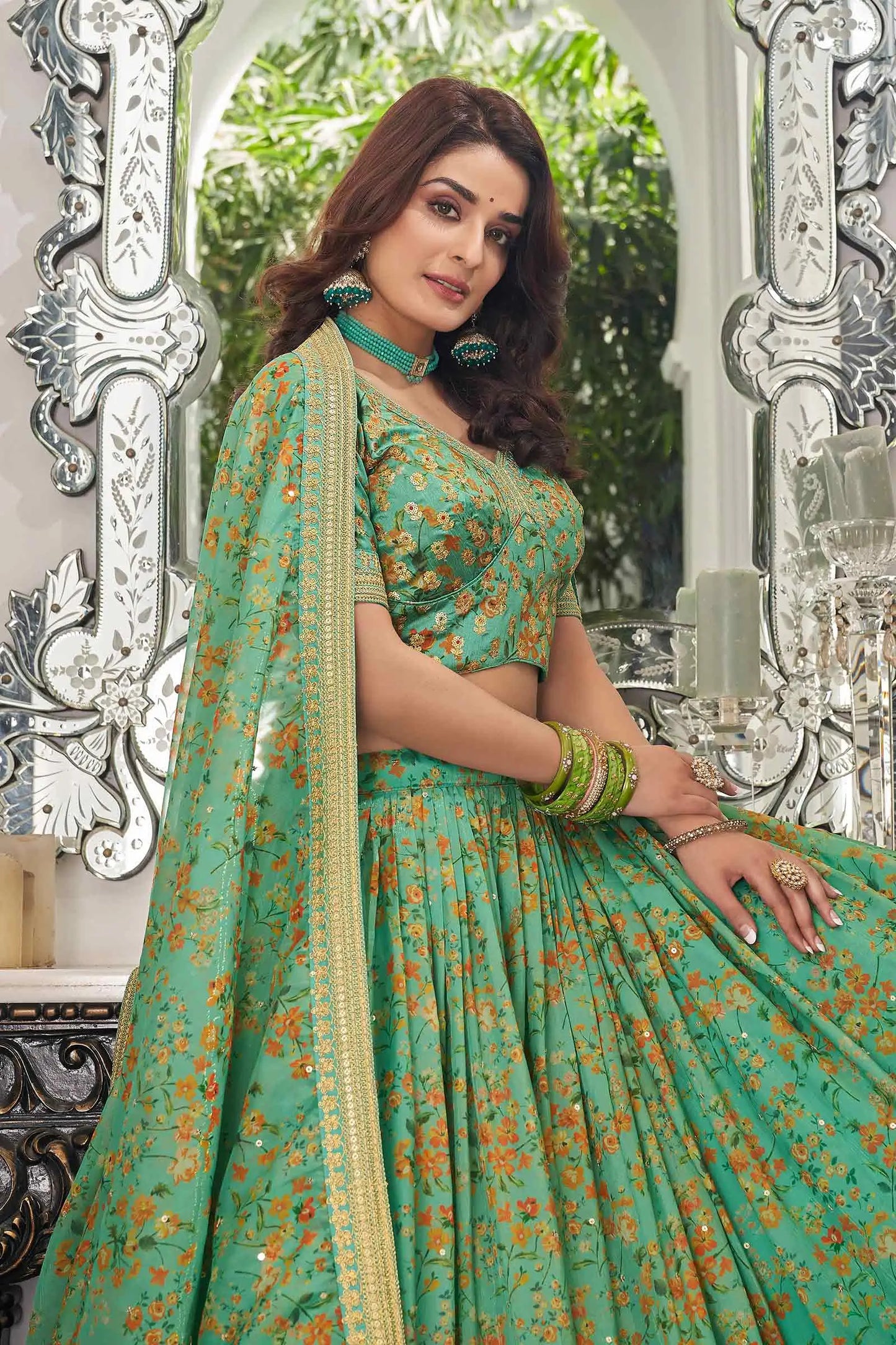 Pista Organza Floral Print Lehenga With Thread Zari Dori And Sequins Embroidery Work