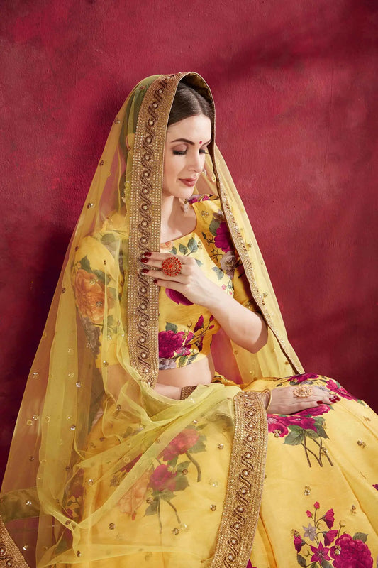 Yellow Silk Lehenga With Floral Print Dori Zari And Sequins Embroidery Work