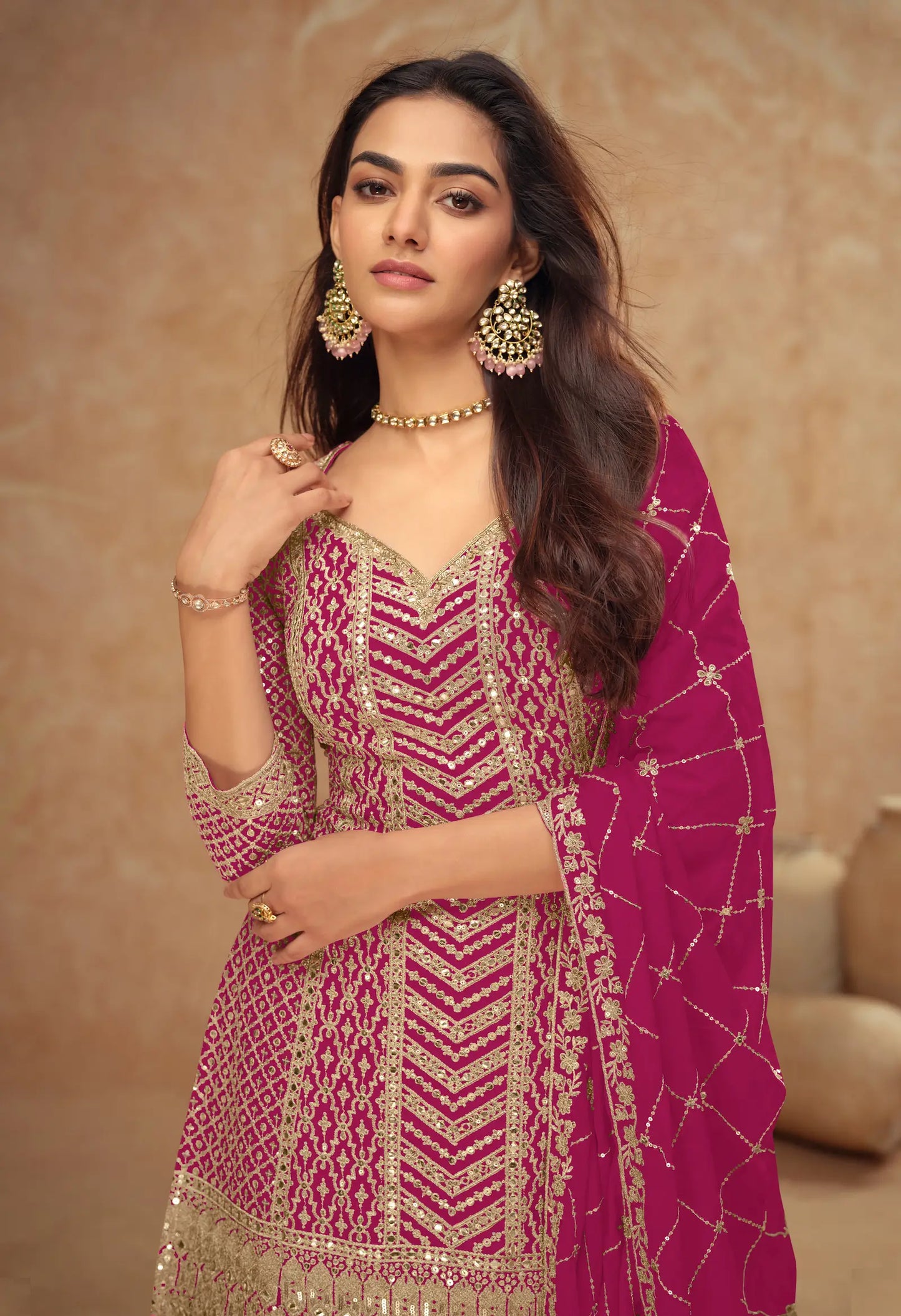 Dark Pink Chinon Silk Embroidery Plazzo Suit