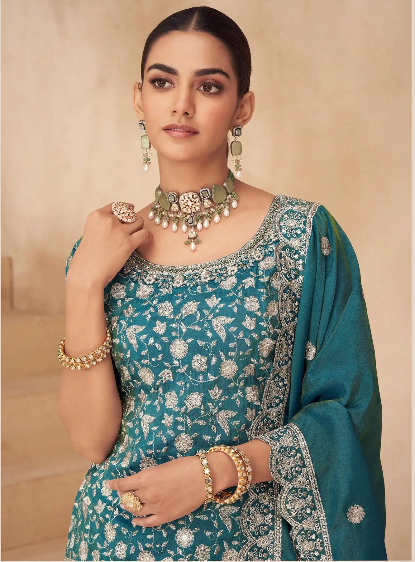 Teal Blue Shimmer Silk Embroidery Work Palazzo Suit