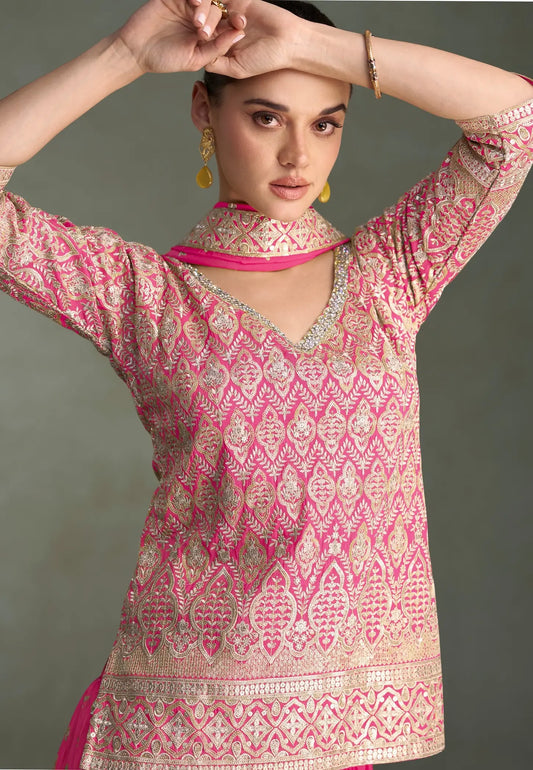 Hot Pink Shimmer Silk Embroidery Palazzo Suit