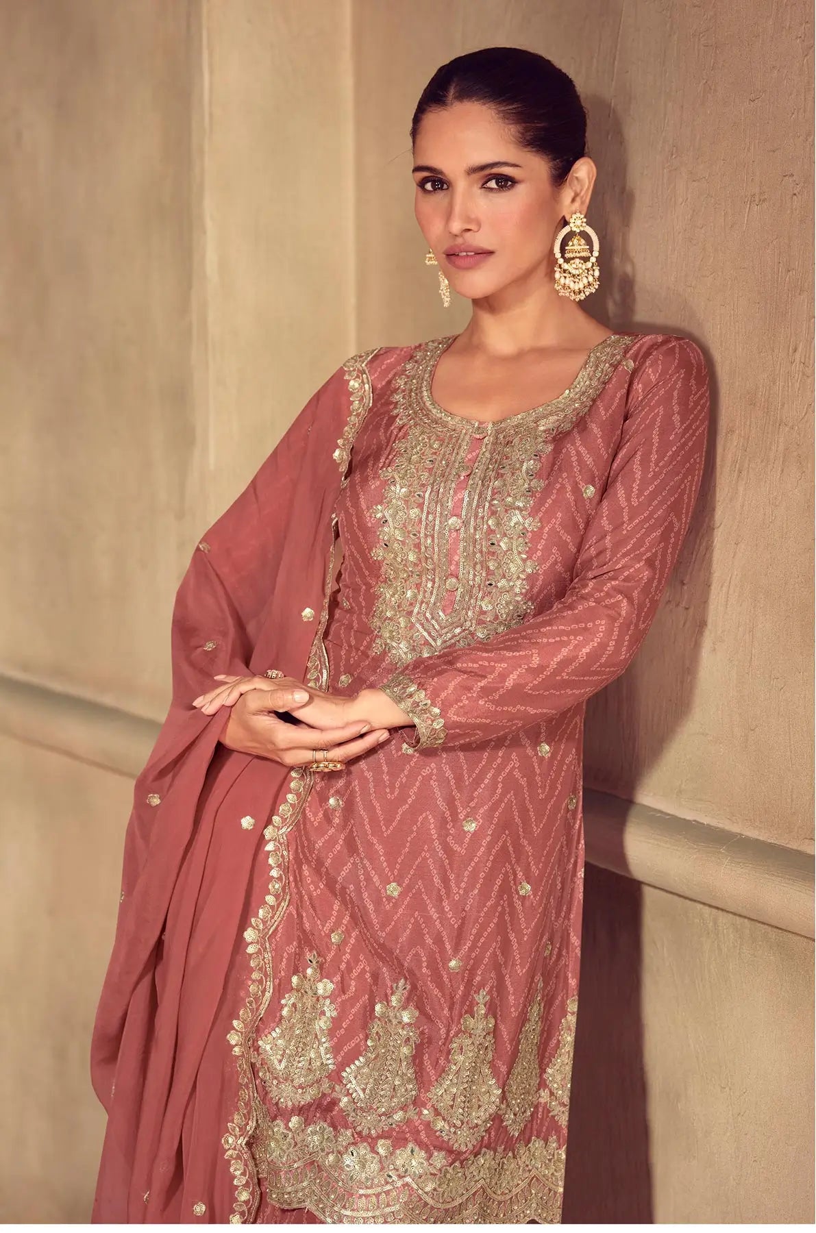 Rust Brown Chinon Silk Print & Embroidery Work Palazzo Suit