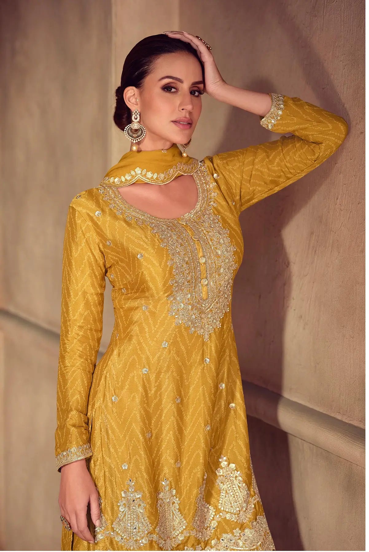 Yellow Chinon Silk Print & Embroidery Work Palazzo Suit