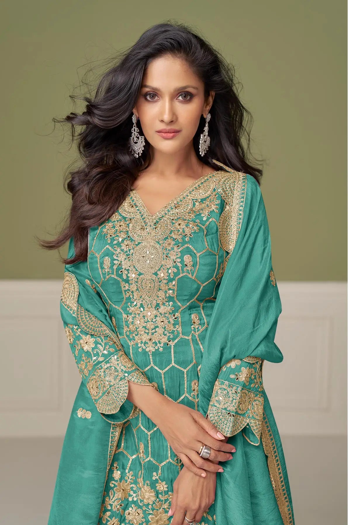 Sea Blue Shimmer Silk Sharara Suit With Mirror & Embroidery Work