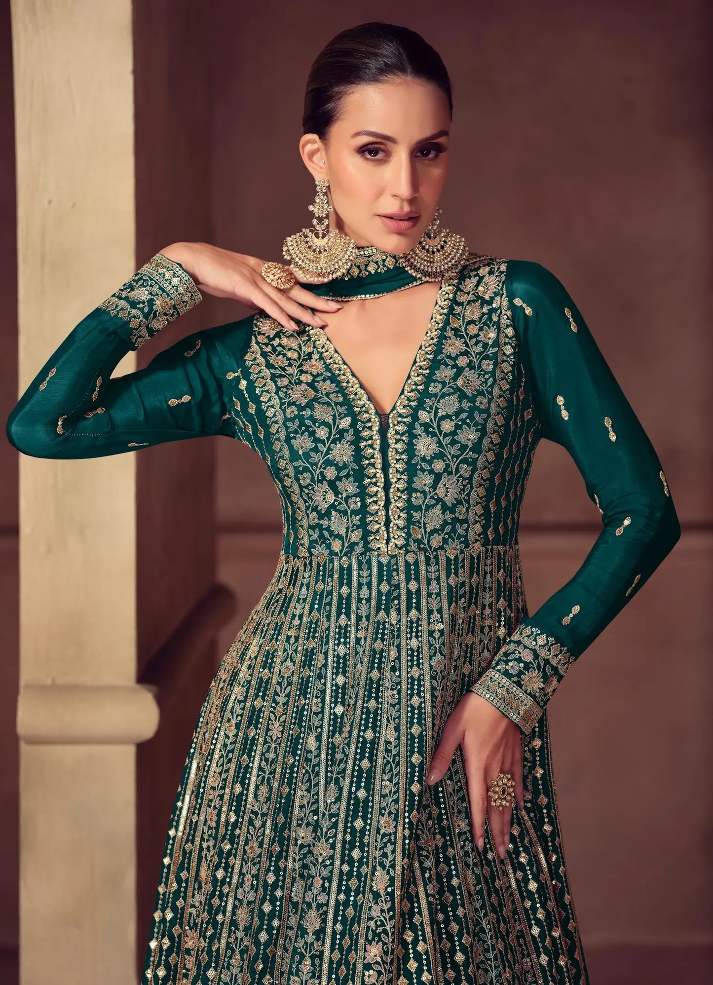 Dark Teal Chinon Silk Embroidery Gown