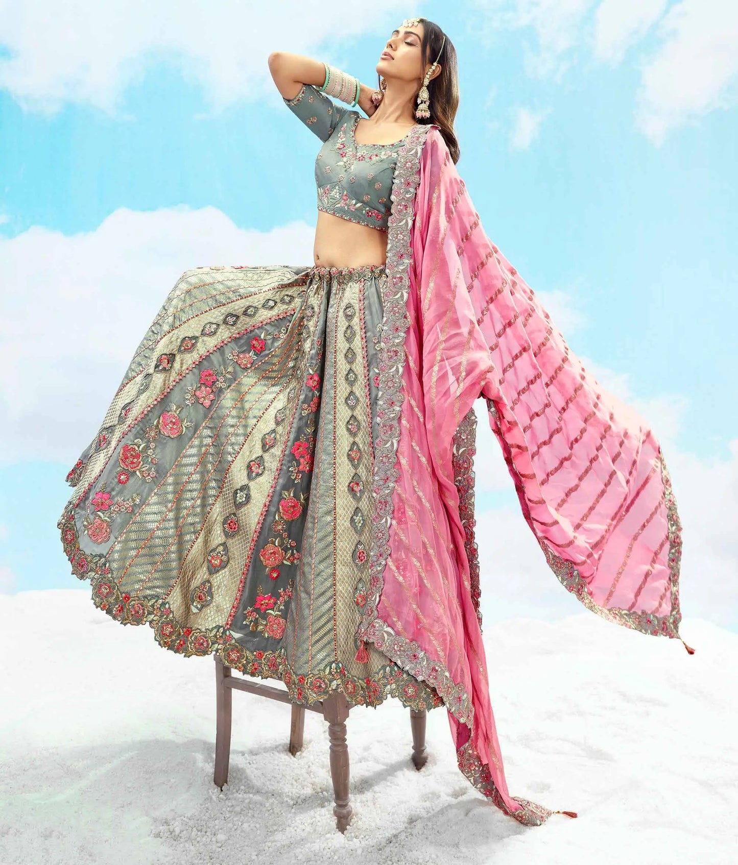 Bluish Grey Designer Floral Embroidery Work Bridal Lehenga