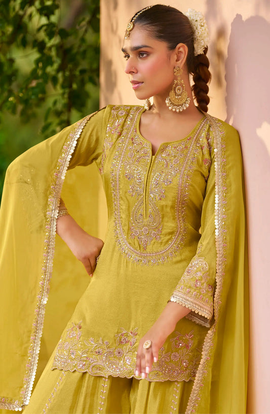 Lemon Yellow Chinon Embroidery Salwar suit