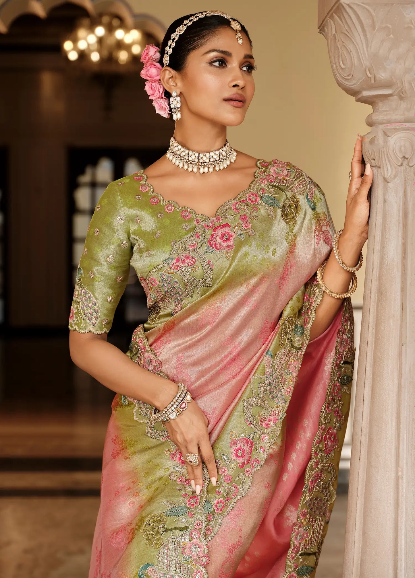 Sweet Pink Jacquard Silk Embroidery & Hand Work Saree