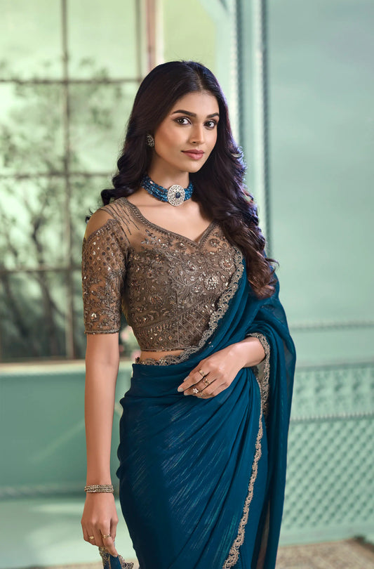 Teal Blue Rainbow Georgette Party Wear Saree With Sequence & Thread Embroidery Work
