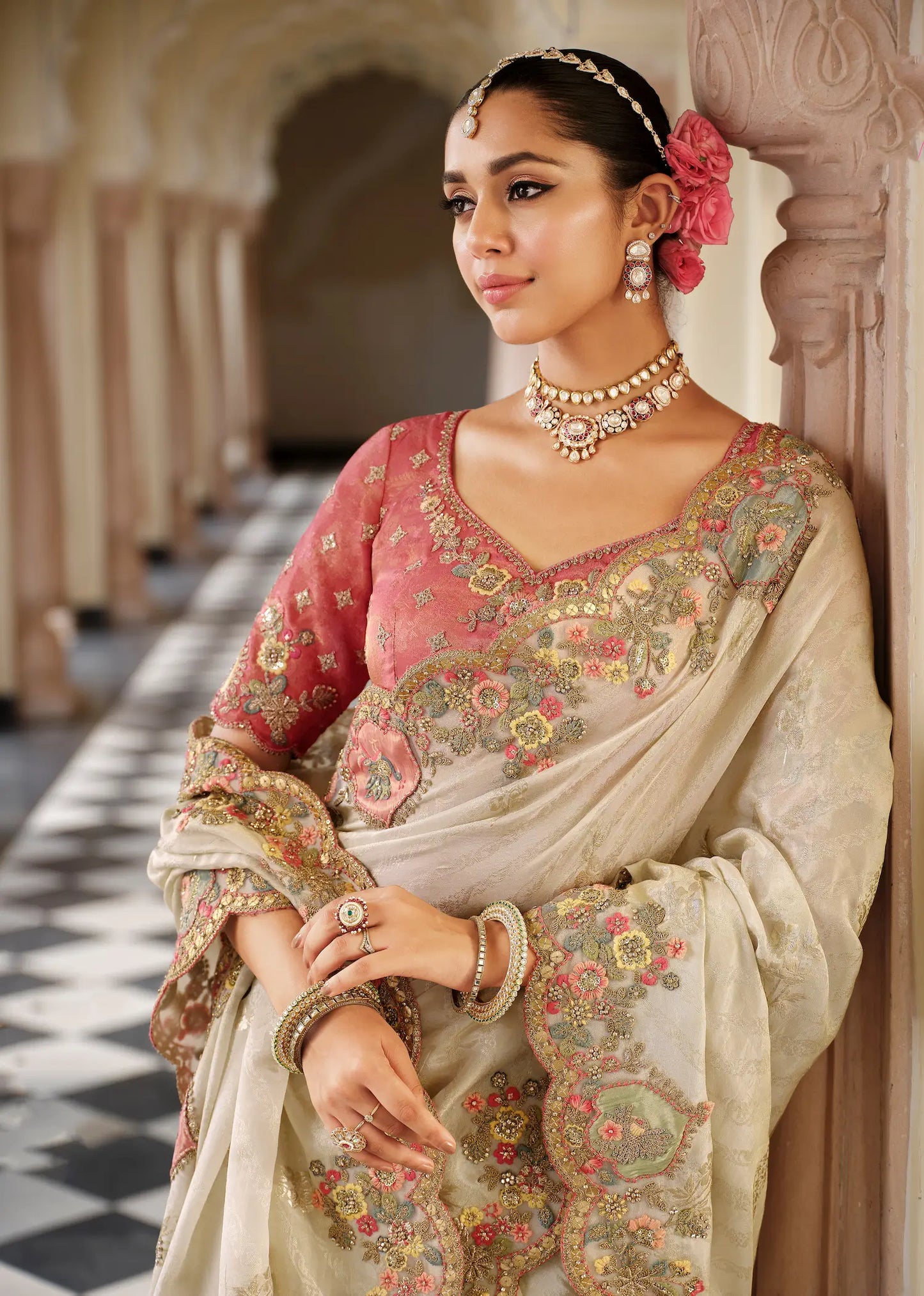 Vanilla White Jacquard Silk Embroidery & Hand Work Saree