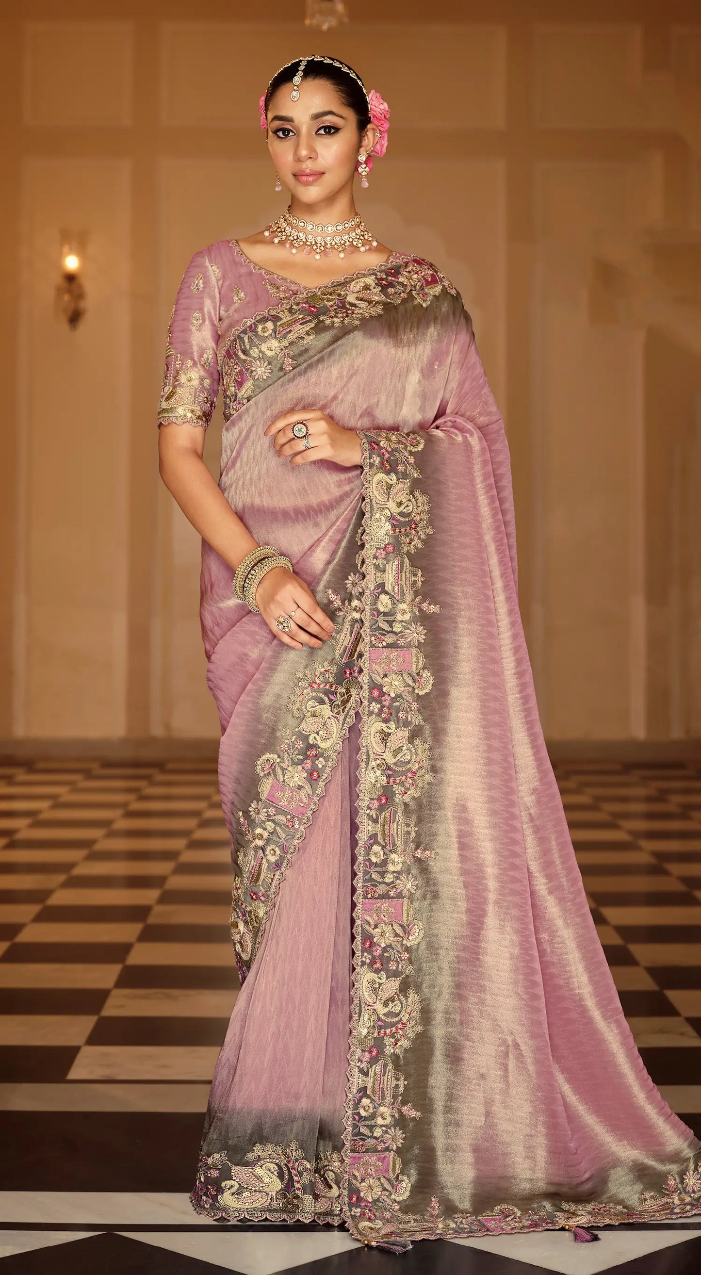 Old Pink Jacquard Silk Embroidery & Hand Work Saree