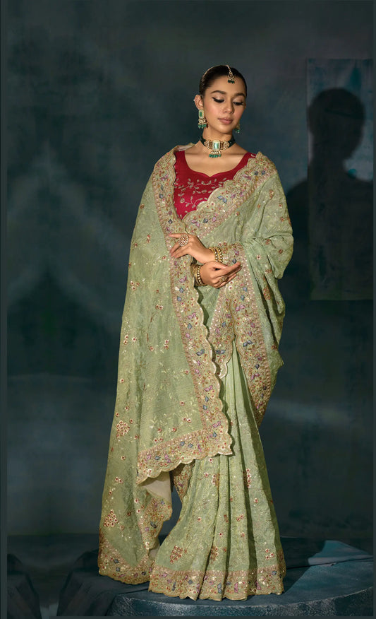 Pastel Green Heavy Embroidery & Hand Work Silk Saree
