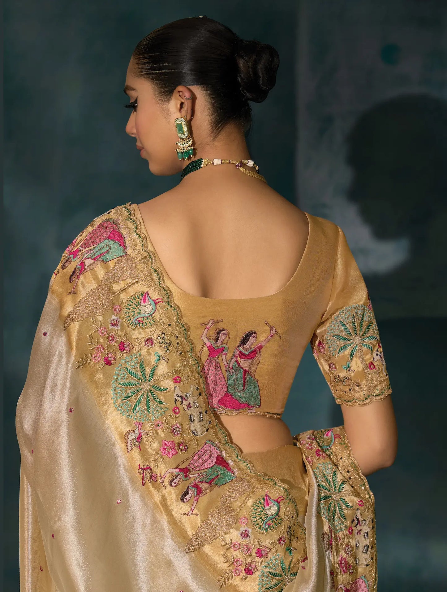 Shiney Beige Heavy Embroidery & Hand Work Silk Saree