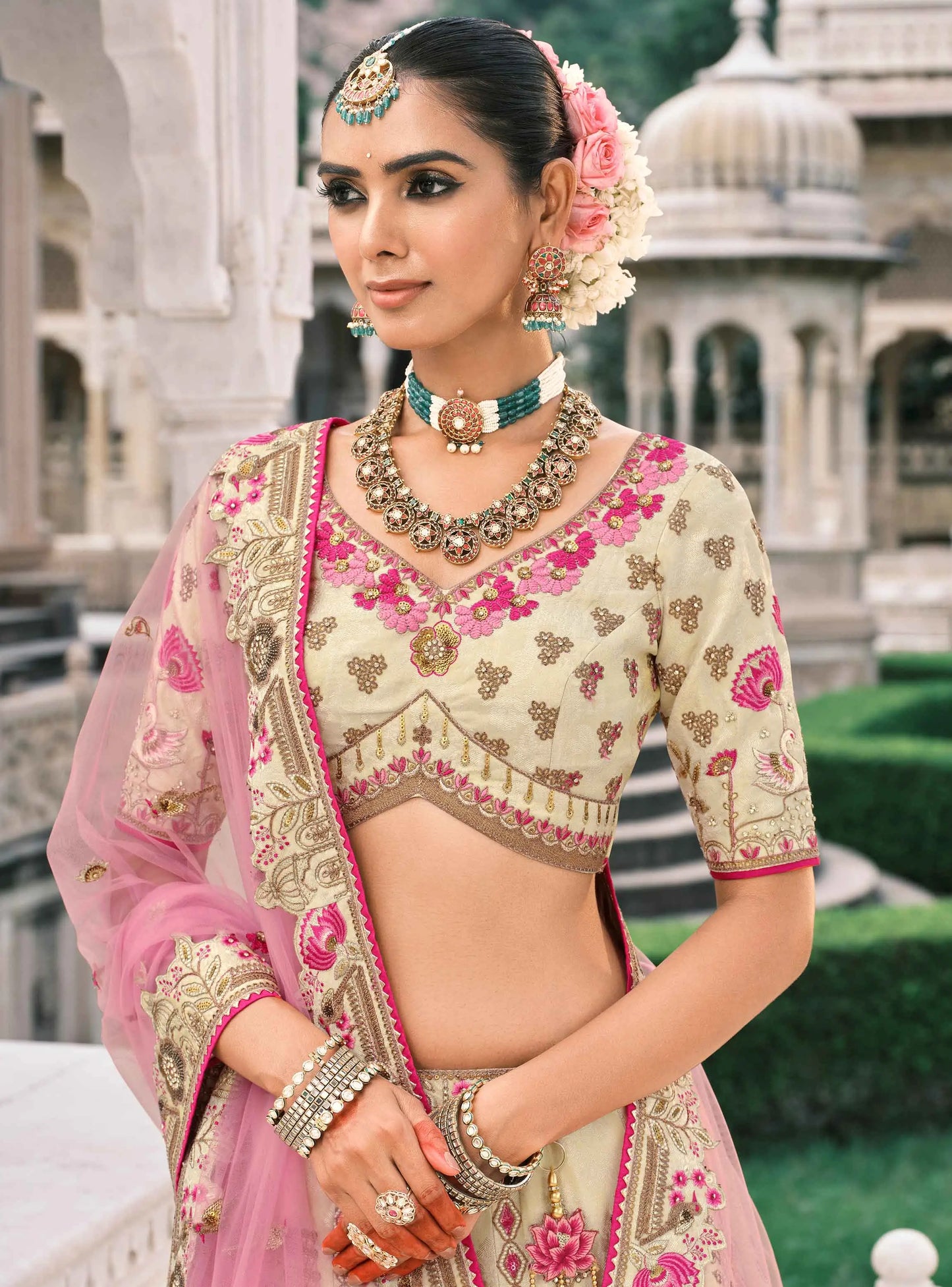 Designer Beige Bridal Lehenga With Stunning Embroidery
